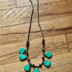 Faux Turquoise, Brass and Wood Beaded Necklace